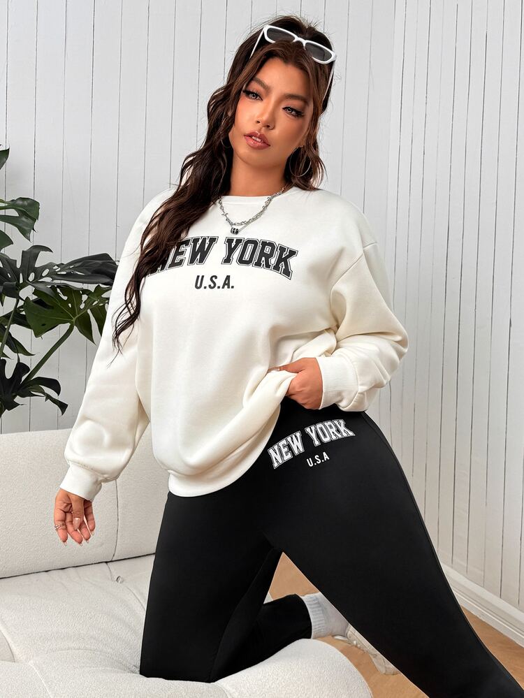 SHEIN EZwear 大尺碼極簡字母印花長袖上衣與內搭褲 2 件套 秋季 - 黑色 - 查看 5
