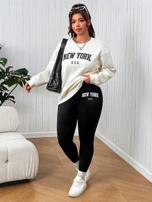 SHEIN EZwear Setelan 2 Potong Atasan Lengan Panjang dan Legging Motif Huruf Minimalis Ukuran Plus untuk Musim Gugur - Hitam - View 8