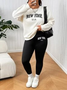 SHEIN EZwear Setelan 2 Potong Atasan Lengan Panjang dan Legging Motif Huruf Minimalis Ukuran Plus untuk Musim Gugur - Hitam - View 1