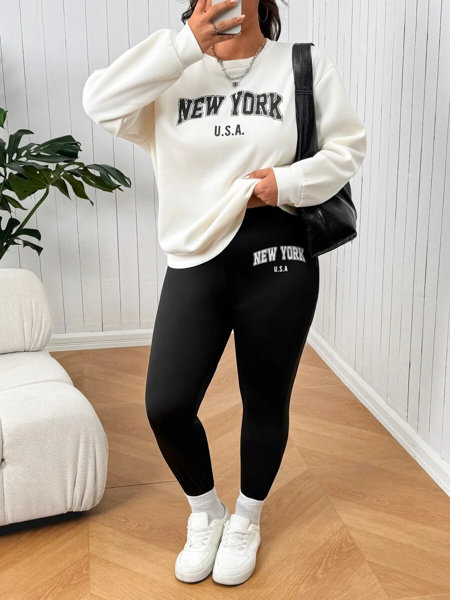 SHEIN EZwear Setelan 2 Potong Atasan Lengan Panjang dan Legging Motif Huruf Minimalis Ukuran Plus untuk Musim Gugur - Hitam - View 1