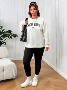 SHEIN EZwear Setelan 2 Potong Atasan Lengan Panjang dan Legging Motif Huruf Minimalis Ukuran Plus untuk Musim Gugur - Hitam - View 4