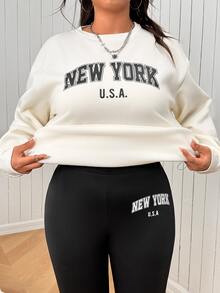 SHEIN EZwear Setelan 2 Potong Atasan Lengan Panjang dan Legging Motif Huruf Minimalis Ukuran Plus untuk Musim Gugur - Hitam - View 6