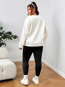 SHEIN EZwear Setelan 2 Potong Atasan Lengan Panjang dan Legging Motif Huruf Minimalis Ukuran Plus untuk Musim Gugur - Hitam - View 2