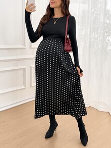SHEIN Maternity Patchwork Polka Dot Print Round Neck Long Sleeve Nursing Dress Fall - Black - View 8