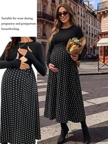 SHEIN Maternity Patchwork Polka Dot Print Round Neck Long Sleeve Nursing Dress Fall - Black - View 1