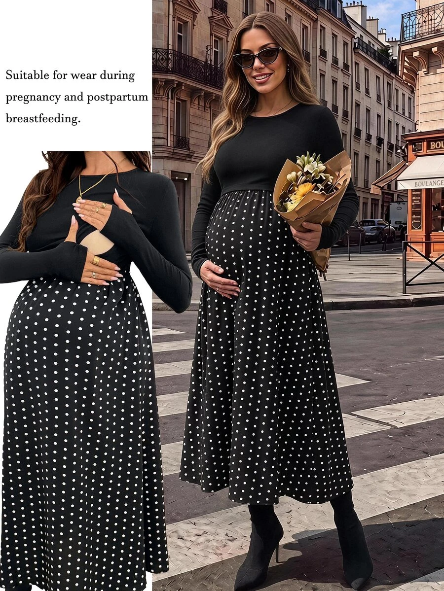 SHEIN Maternity Patchwork Polka Dot Print Round Neck Long Sleeve Nursing Dress Fall - Black - View 1