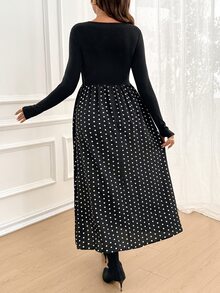 SHEIN Maternity Patchwork Polka Dot Print Round Neck Long Sleeve Nursing Dress Fall - Black - View 9