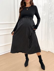 SHEIN Maternity Patchwork Polka Dot Print Round Neck Long Sleeve Nursing Dress Fall - Black - View 5