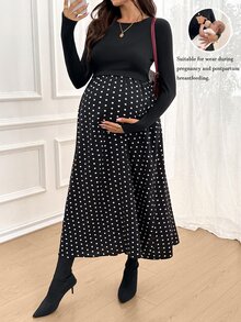 SHEIN Maternity Patchwork Polka Dot Print Round Neck Long Sleeve Nursing Dress Fall - Black - View 3
