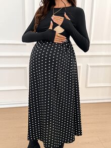 SHEIN Maternity Patchwork Polka Dot Print Round Neck Long Sleeve Nursing Dress Fall - Black - View 6