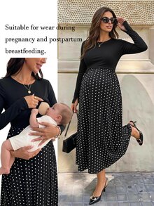 SHEIN Maternity Patchwork Polka Dot Print Round Neck Long Sleeve Nursing Dress Fall - Black - View 2