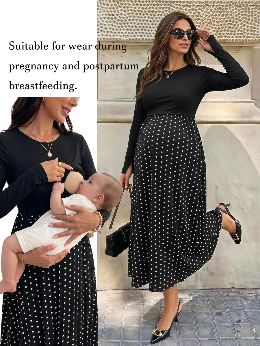 SHEIN Gaun Menyusui Hamil Motif Polka Dot Patchwork Leher Bulat Lengan Panjang Musim Gugur - Hitam - View 1