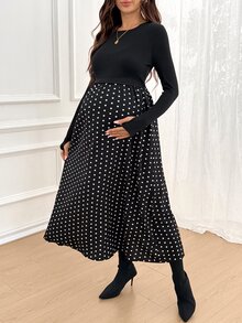 SHEIN Maternity Patchwork Polka Dot Print Round Neck Long Sleeve Nursing Dress Fall - Black - View 7