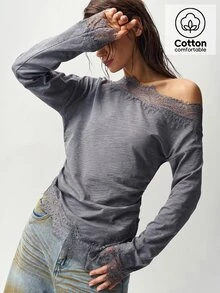 Bohemela Women's Lace Patchwork Asymmetric T-Shirt Brunch Going Out Gray Autumn Sexy Elegant - Grey - View 3