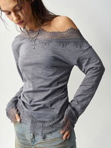 Bohemela Women's Lace Patchwork Asymmetric T-Shirt Brunch Going Out Gray Autumn Sexy Elegant - Grey - View 1