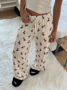 CovetEZ 女款鹿紋腰綁帶直筒休閒可愛居家長褲 白色與棕色 秋冬款 - 白色 - 查看 2