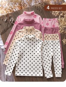 SHEIN 4pcs/Set Cute Versatile Knitted Polka Dot & Floral Pattern Long Sleeve Tops For Baby Girls - Pink - View 2