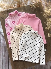 SHEIN 4pcs/Set Cute Versatile Knitted Polka Dot & Floral Pattern Long Sleeve Tops For Baby Girls - Pink - View 4