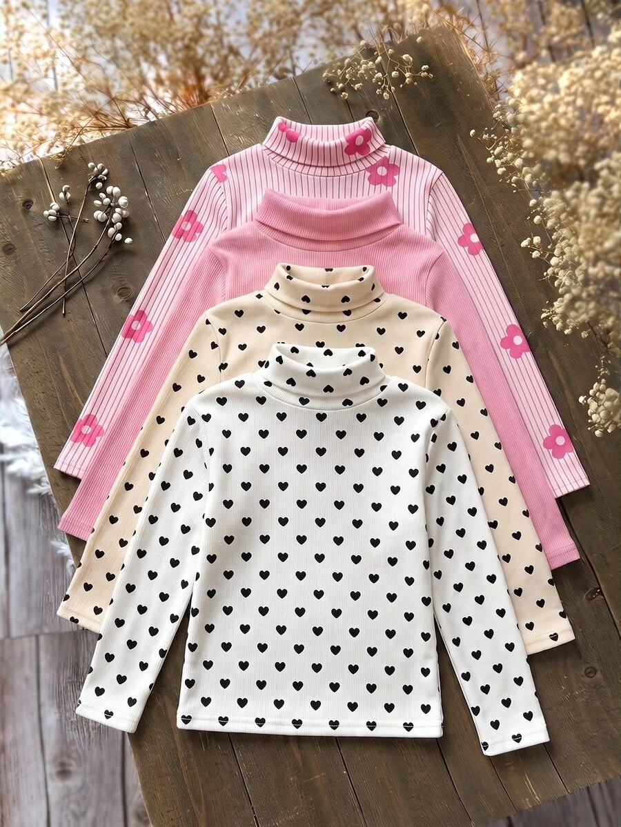 SHEIN 4pcs/Set Cute Versatile Knitted Polka Dot & Floral Pattern Long Sleeve Tops For Baby Girls - Pink - View 1
