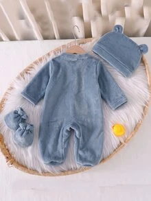 SHEIN 新生兒黃色簡約時尚嬰兒長袖連身褲套裝，含帽子與手套，居家穿著，秋冬款 - 藍色 - 查看 2