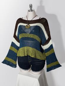 SHEIN ICON Plus-Size Y2K-Style Colorful Sheer Knit Autumn Sweater; Blends Retro Preppy Aesthetics With A Casual Off-The-Shoulder Striped Design. Fall - Multicolor - View 4