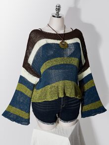 SHEIN ICON Plus-Size Y2K-Style Colorful Sheer Knit Autumn Sweater; Blends Retro Preppy Aesthetics With A Casual Off-The-Shoulder Striped Design. Fall - Multicolor - View 6