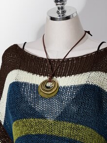 SHEIN ICON Plus-Size Y2K-Style Colorful Sheer Knit Autumn Sweater; Blends Retro Preppy Aesthetics With A Casual Off-The-Shoulder Striped Design. Fall - Multicolor - View 5