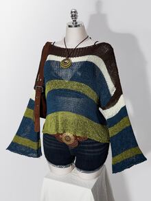 SHEIN ICON Plus-Size Y2K-Style Colorful Sheer Knit Autumn Sweater; Blends Retro Preppy Aesthetics With A Casual Off-The-Shoulder Striped Design. Fall - Multicolor - View 8