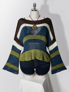 SHEIN ICON Plus-Size Y2K-Style Colorful Sheer Knit Autumn Sweater; Blends Retro Preppy Aesthetics With A Casual Off-The-Shoulder Striped Design. Fall - Multicolor - View 3