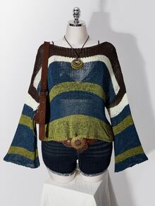 SHEIN ICON Plus-Size Y2K-Style Colorful Sheer Knit Autumn Sweater; Blends Retro Preppy Aesthetics With A Casual Off-The-Shoulder Striped Design. Fall - Multicolor - View 2
