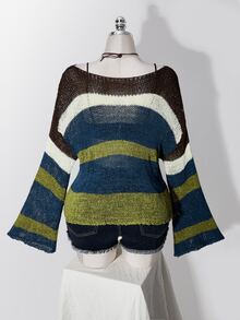 SHEIN ICON Plus-Size Y2K-Style Colorful Sheer Knit Autumn Sweater; Blends Retro Preppy Aesthetics With A Casual Off-The-Shoulder Striped Design. Fall - Multicolor - View 9