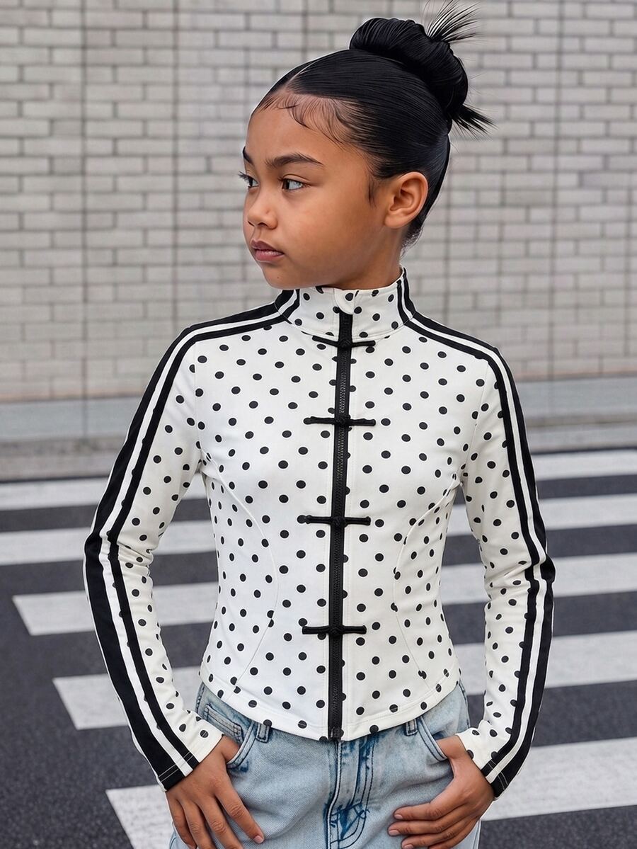SHEIN Kids Tween Girl Tween Girls Brown And Pink Autumn Street Wear Long Sleeve Cinched Waist Loose Jacket - Black and White - View 1