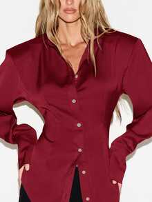 KIZN Satin Button Down Shirt With Structured Shoulders And Curved Hem Classic Collar Long Sleeve Fitted Blouse For Office And Evening - Burgundy - View 4