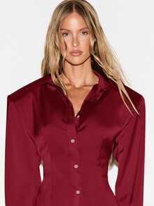 KIZN Satin Button Down Shirt With Structured Shoulders And Curved Hem Classic Collar Long Sleeve Fitted Blouse For Office And Evening - Burgundy - View 5