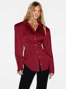 KIZN Satin Button Down Shirt With Structured Shoulders And Curved Hem Classic Collar Long Sleeve Fitted Blouse For Office And Evening - Burgundy - View 1