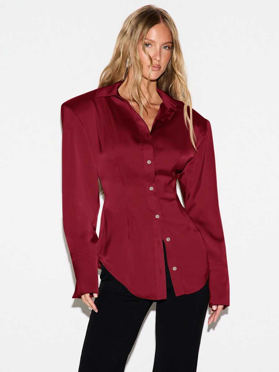 KIZN Satin Button Down Shirt With Structured Shoulders And Curved Hem Classic Collar Long Sleeve Fitted Blouse For Office And Evening - Burgundy - View 1