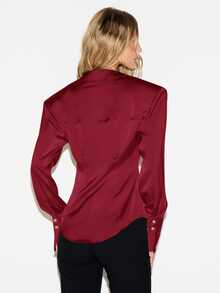 KIZN Satin Button Down Shirt With Structured Shoulders And Curved Hem Classic Collar Long Sleeve Fitted Blouse For Office And Evening - Burgundy - View 2