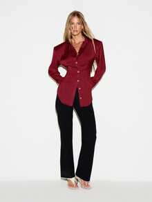 KIZN Satin Button Down Shirt With Structured Shoulders And Curved Hem Classic Collar Long Sleeve Fitted Blouse For Office And Evening - Burgundy - View 3