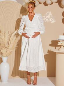 Loomaby Elegant Solid Color Textured Maternity Party Dress,Gender Reveal Dress,Maternity Dress,Baby Shower Dress Fall - White - View 7