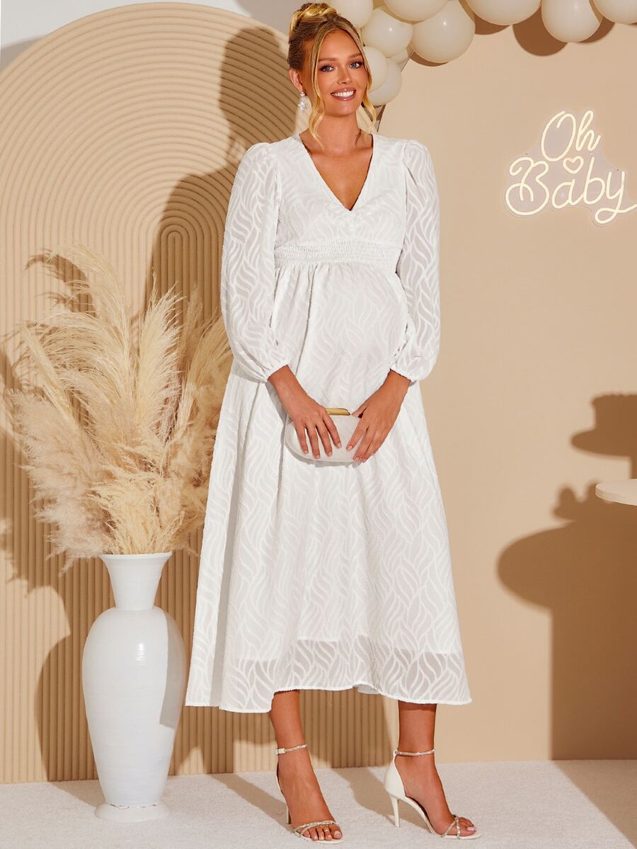 Loomaby Elegant Solid Color Textured Maternity Party Dress,Gender Reveal Dress,Maternity Dress,Baby Shower Dress Fall - White - View 1