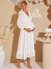 Loomaby Elegant Solid Color Textured Maternity Party Dress,Gender Reveal Dress,Maternity Dress,Baby Shower Dress Fall - White - View 6