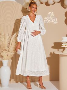 Loomaby Elegant Solid Color Textured Maternity Party Dress,Gender Reveal Dress,Maternity Dress,Baby Shower Dress Fall - White - View 5