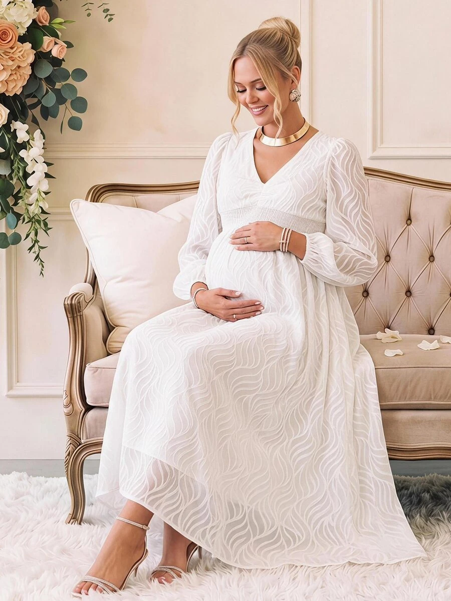 Loomaby Elegant Solid Color Textured Maternity Party Dress,Gender Reveal Dress,Maternity Dress,Baby Shower Dress Fall - White - View 1