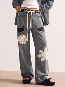 Bohemela 黑白條紋印花繫帶寬腿褲 日常休閒波西米亞風 秋冬海灘度假款 - 黑色 - 查看 5