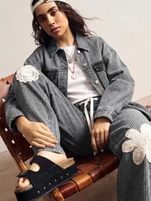 Bohemela 黑白條紋印花繫帶寬腿褲 日常休閒波西米亞風 秋冬海灘度假款 - 黑色 - 查看 3