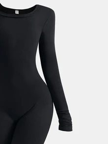 SHEIN 2 قطعة/مجموعة جمبسوت محبوك بياقة طاقم ضيق الملاءمة متعدد الاستخدامات كاجوال للفتيات المراهقات، ملابس الخريف، ملابس العطلات - الأسود - مشاهدة 5