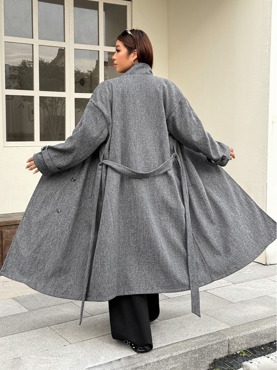 Muchica Plus-Size Women's Premium Gray Double-Breasted Casual Long-Sleeved Wool Coat With Pockets And A Belt. Winter - Grey - View 1