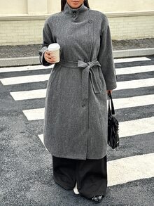 Muchica Plus-Size Women's Premium Gray Double-Breasted Casual Long-Sleeved Wool Coat With Pockets And A Belt. Winter - Grey - View 5