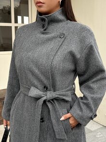 Muchica Plus-Size Women's Premium Gray Double-Breasted Casual Long-Sleeved Wool Coat With Pockets And A Belt. Winter - Grey - View 4