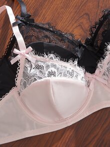 Divavoom Women's Satin Lace Patchwork Underwire Thin Cup Comfortable Bra & Panty Set 4pcs - Multicolor - View 5